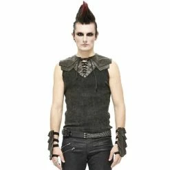 Men's Tank Top DEVIL FASHION - Vertigo Punk Vest With Leather Patches - Brown